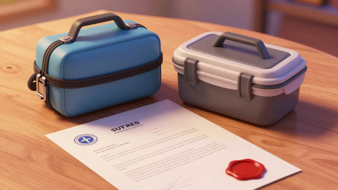 Secure travel kit with a locking container and a doctor's letter on a table.