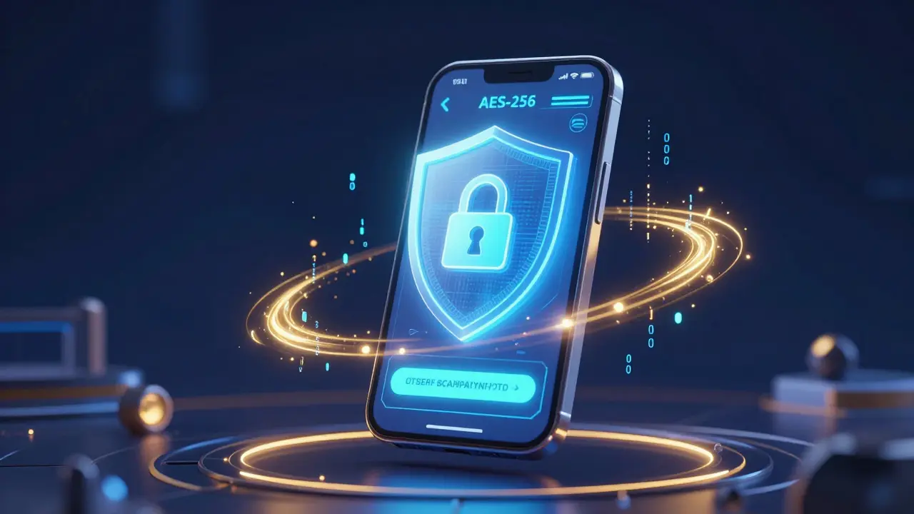 Smartphone with a holographic lock and shield representing encrypted medical data.