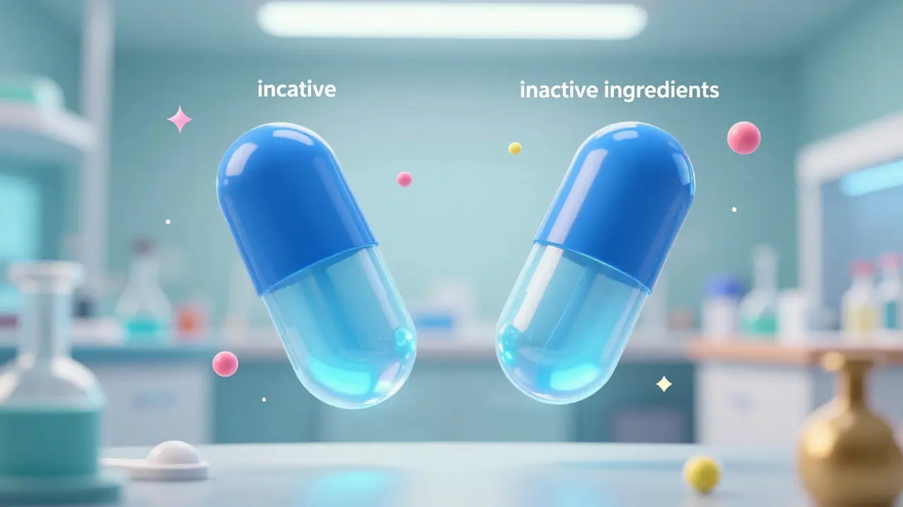 Two medicine capsules showing identical active ingredients and different fillers